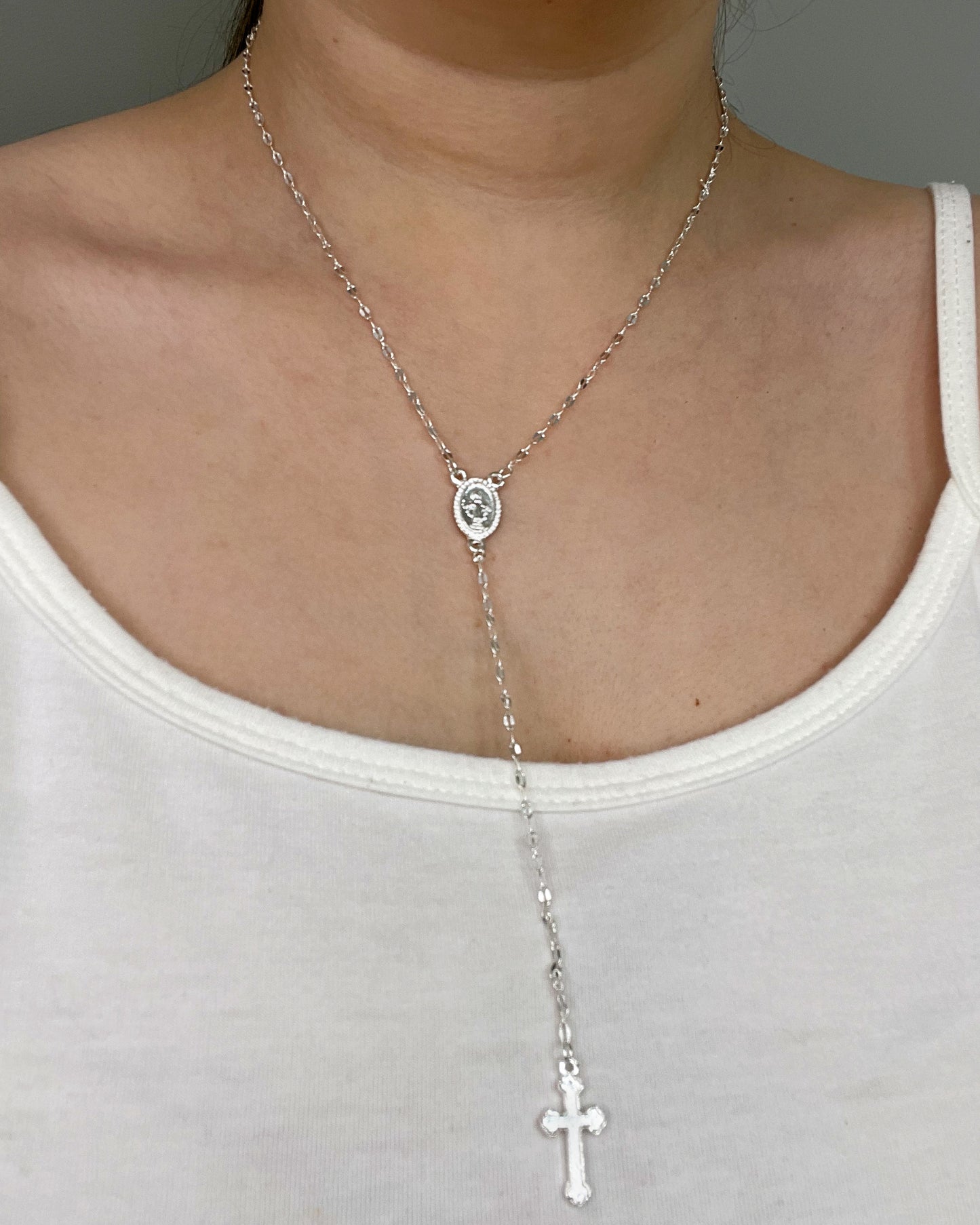 Dainty Rosary Cross Necklace - Silver or Gold