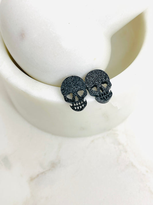 Halloween Glitter Stud Earrings - Black Skull, Rose Gold Heart Skull, Spider, Pumpkin