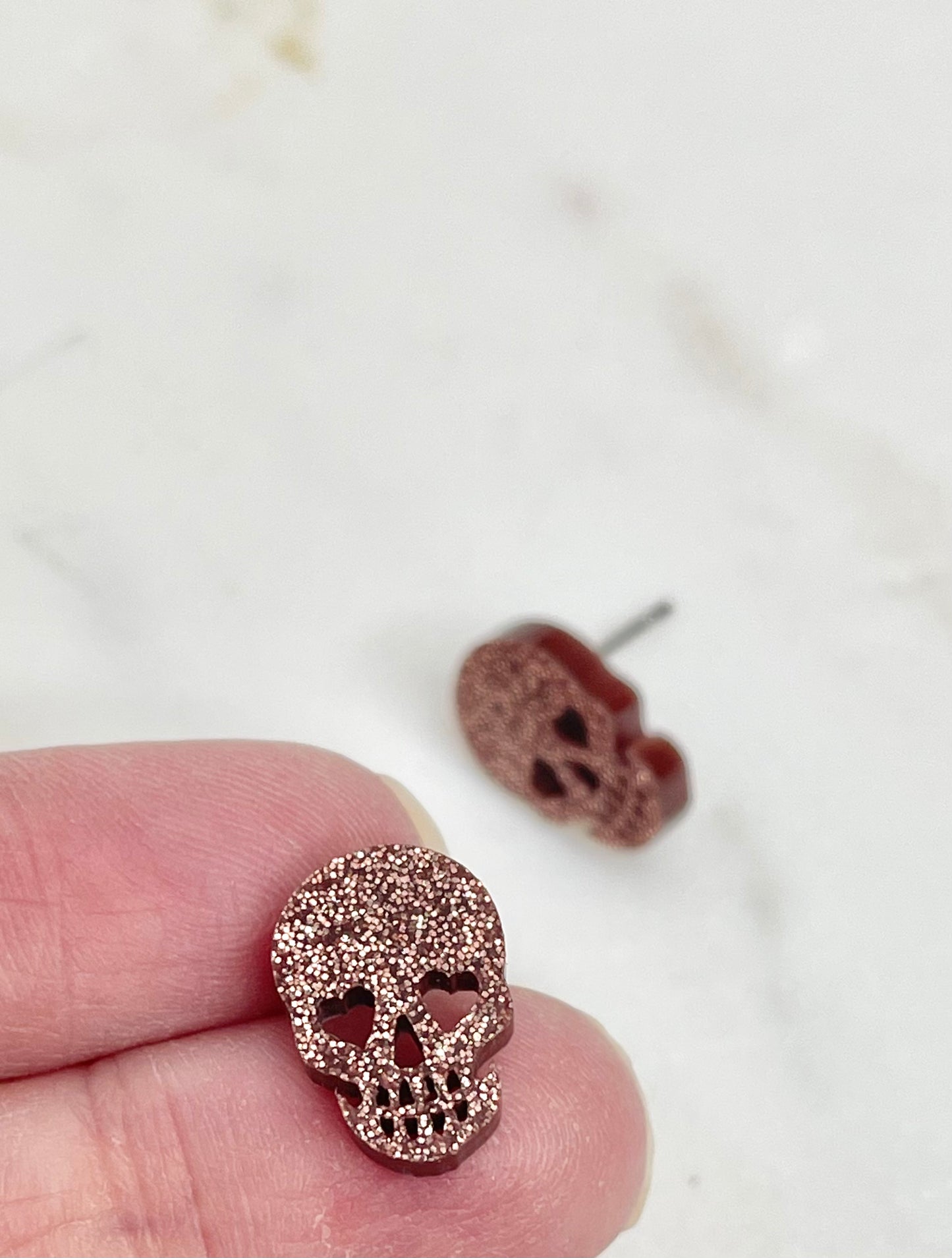 Halloween Glitter Stud Earrings - Black Skull, Rose Gold Heart Skull, Spider, Pumpkin